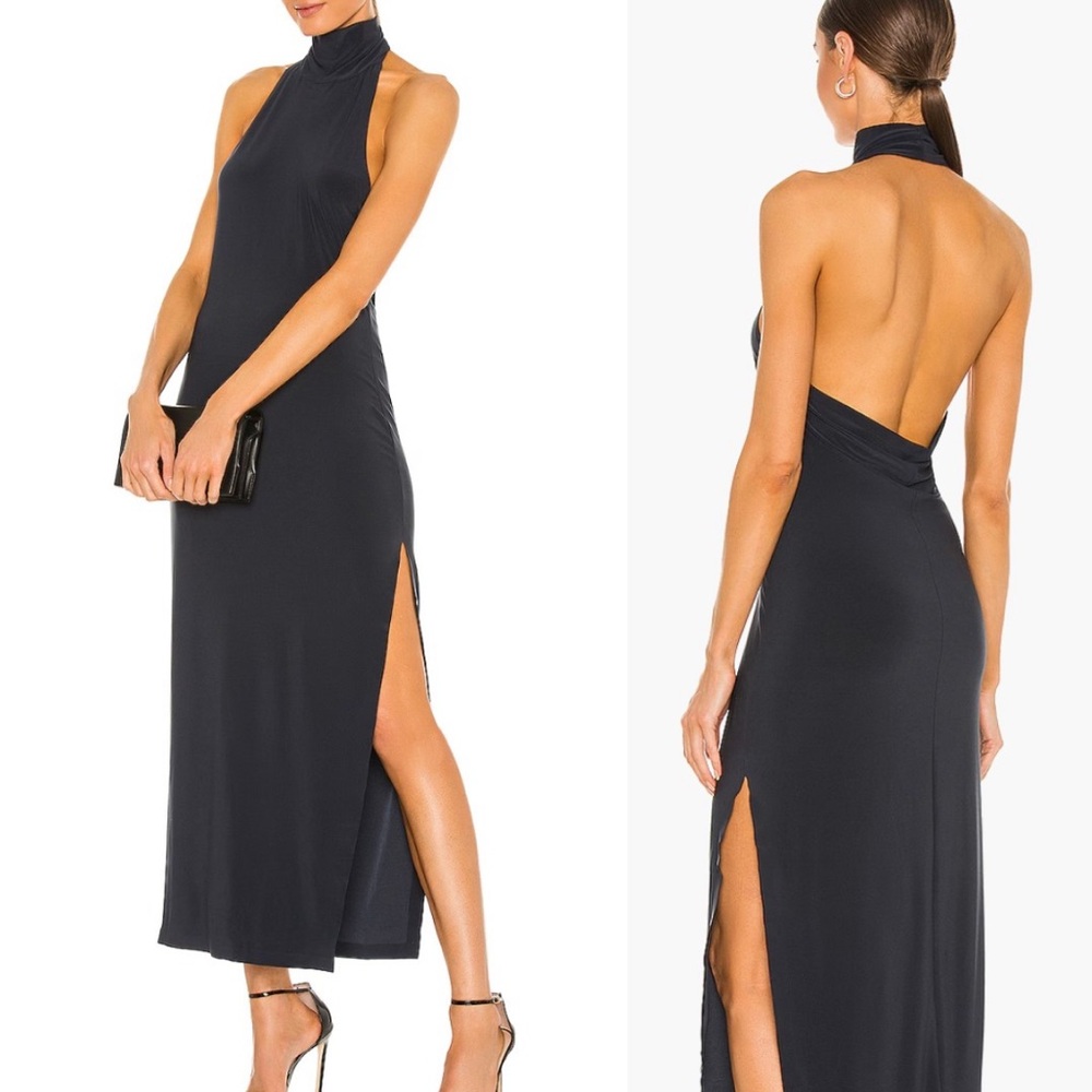 Norma Kamali Halter Turtle Side Slit Gown in Pewter revolve small